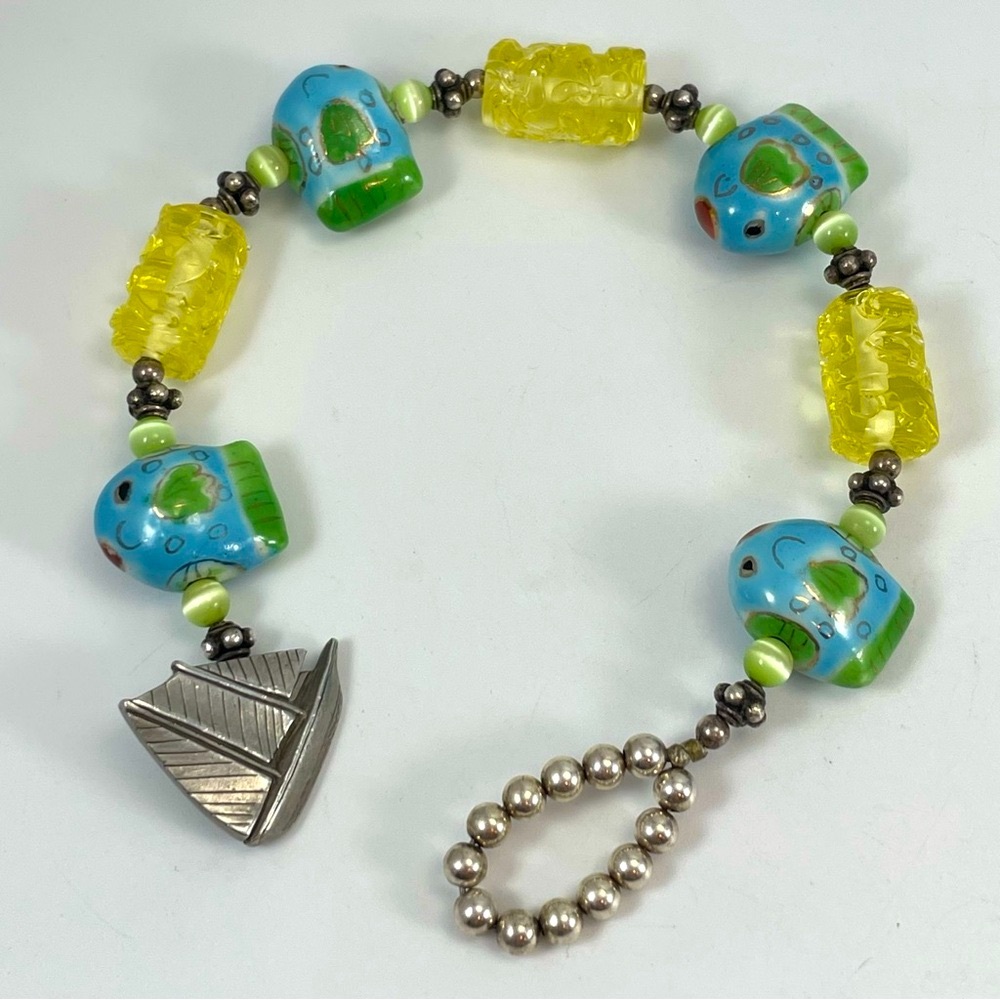 Vintage Danforth Pewter 1994 Glass Fish Beaded Nautical Bracelet Statement
